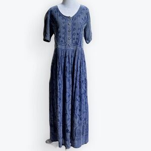MPH Indigo Boho Embroidered Lace-Up Back Short Sleeve Maxi Dress ~ Unsized (see)